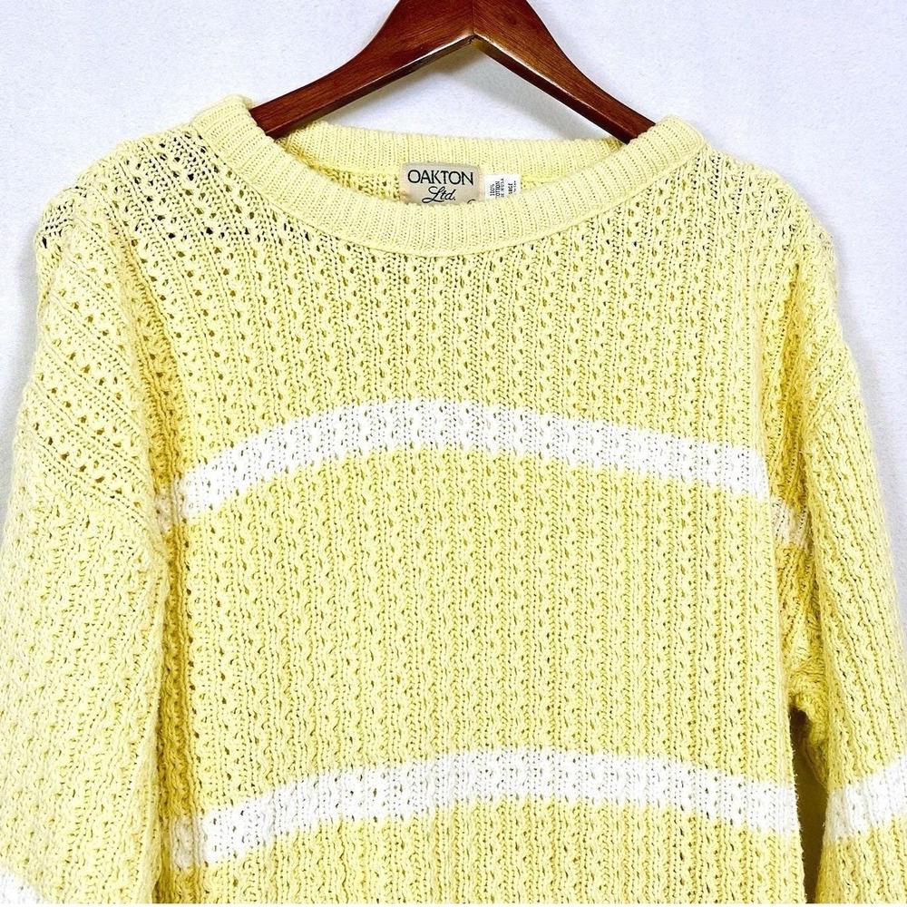 Vtg Oakton Sweater Mens Large Yellow Stripe Knit Grandpa Retro Preppy Chunky 80s